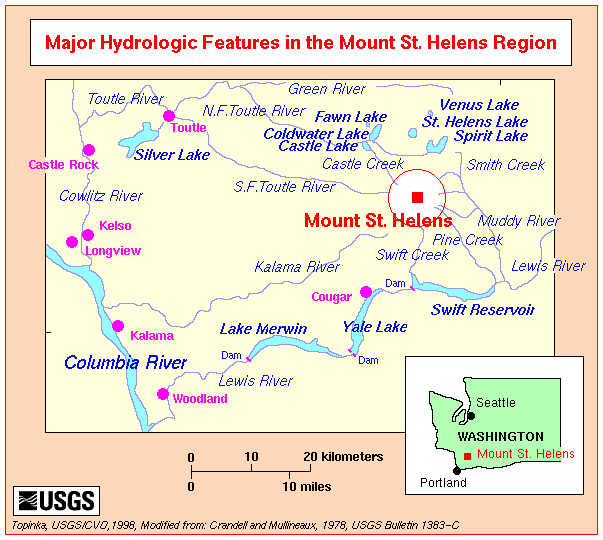 Map, Mount St. Helens, Washington, Drainages