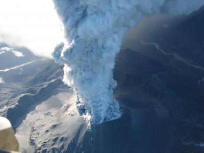 May 2, 2008, Chaitén volcano in Chile erupted with an ash column that rose to about 17 km (10 mi) and lasted for 6 hours. Activity continued into 2009, including this ash emission on May 27, 2008.  (Click image to view full size.)