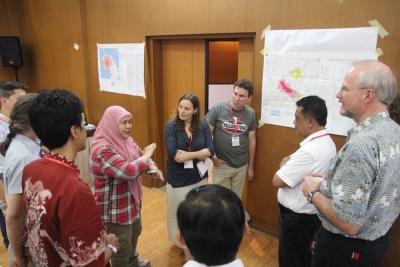 Hazard-map workshop participants discuss how to identify regions of concern for a variety of volcanic hazards, helping communities better understand, communicate and prevent volcanic disasters. (Click image to view full size.)