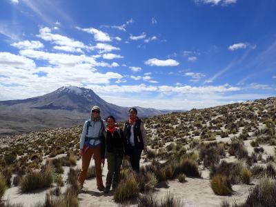 Dr. Heather Wright at Ubinas, Peru with colleagues from INGEMMET. Studying active volcanoes in Peru not only helps INGEMMET, it provides information that will help with active volcanoes in the U.S.  (Click image to view full size.)