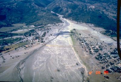 Aerial view of Armero destroyed by lahars from Nevado del Ruiz volcano, Colombia, on November 13, 1985. (Click image to view full size.)