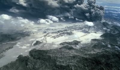 Aerial view of pyroclastic flow deposits from the Mount Pinatubo eruption in 1991. (Click image to view full size.)