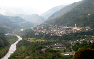 Village of Belalc&#225;zar along the P&#225;ez River in Colombia. Photograph taken in 2006 - note river bank vegetation and soccer pitch is restored in 12 years after 1994 lahar. (Click image to view full size.)