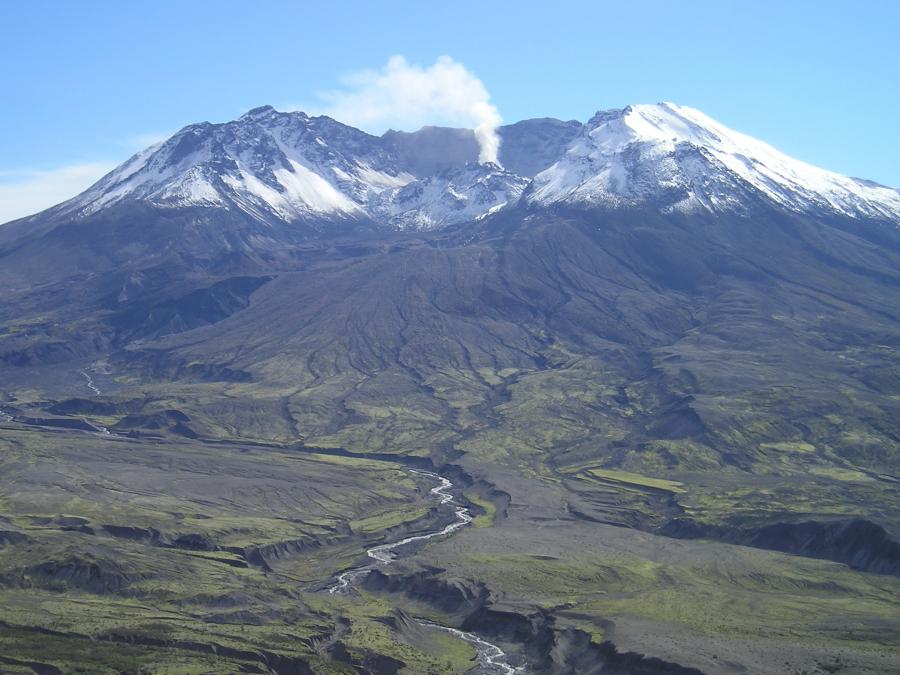 Mount St. Helens crater, with the Pumice Plain in the foreground. October 2004