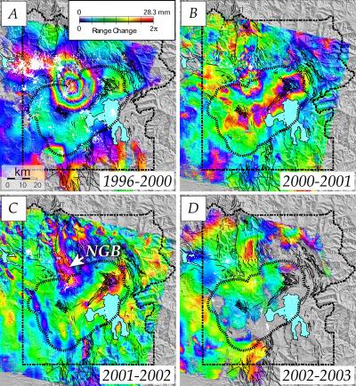 Four radar interferograms (InSAR data) superimposed on digital terrain showing surface movement at Norris Geyser Basin and Yellowstone Caldera from 1996 to 2003 (Click image to view full size.)