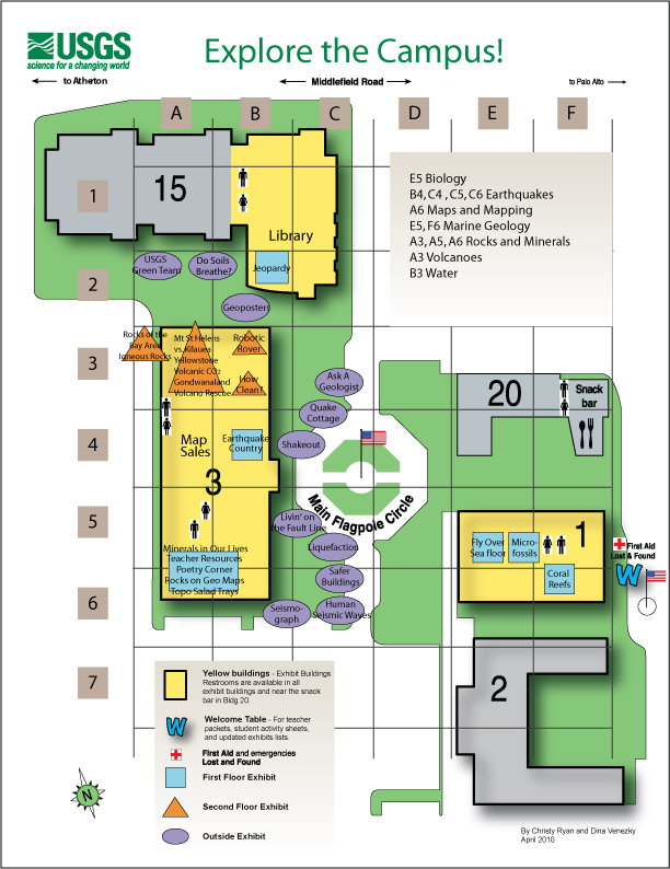 Map of the USGS Menlo Park Campus with a grid pointing out exhibits and other features.