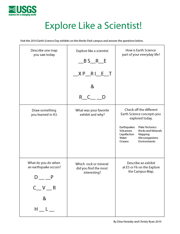 Grid with nine questions to answer during Earth Science Day at the USGS Menlo Park Campus