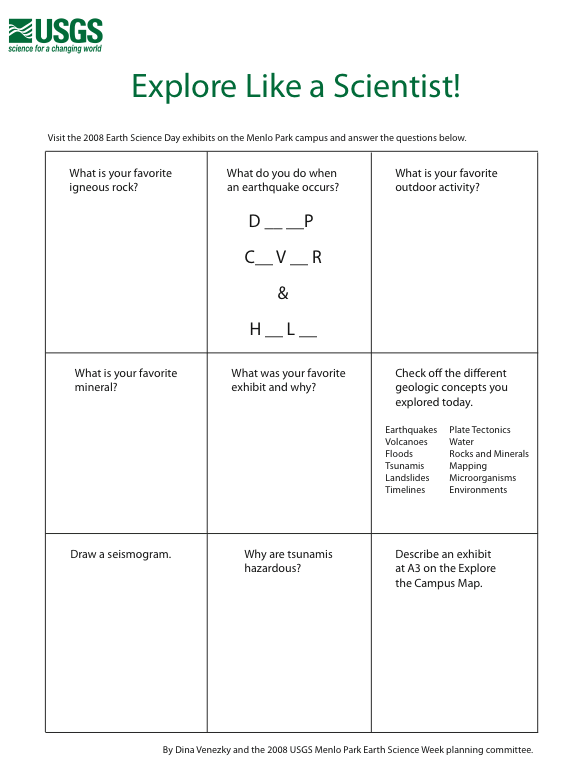 Grid with nine questions to answer during Earth Science Day at the USGS Menlo Park Campus