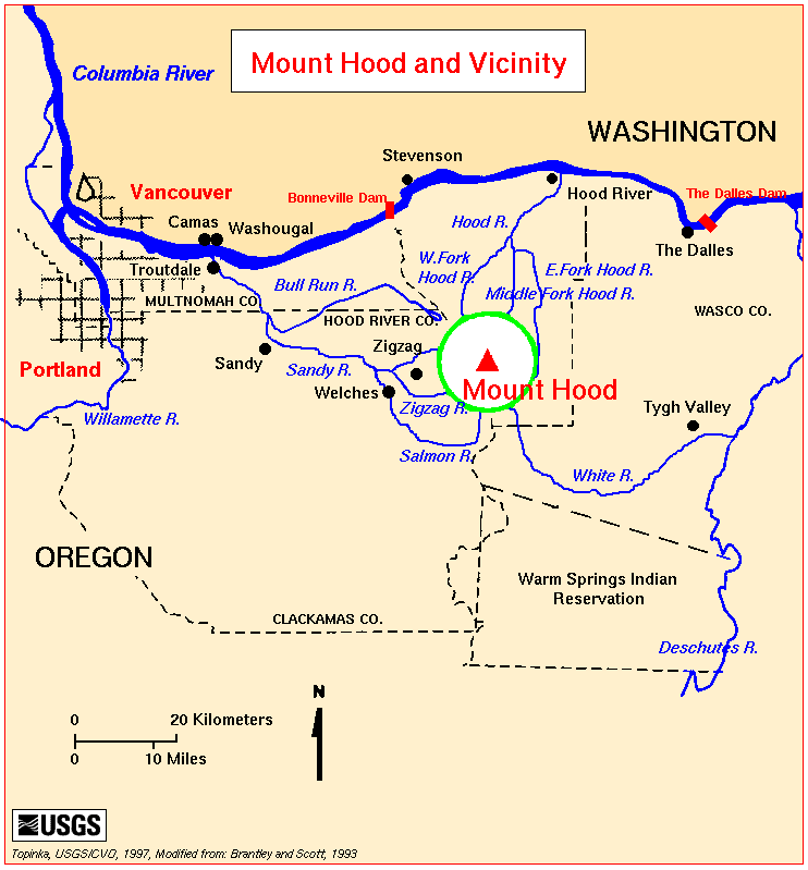 Map, Mount Hood, Oregon, Drainages
