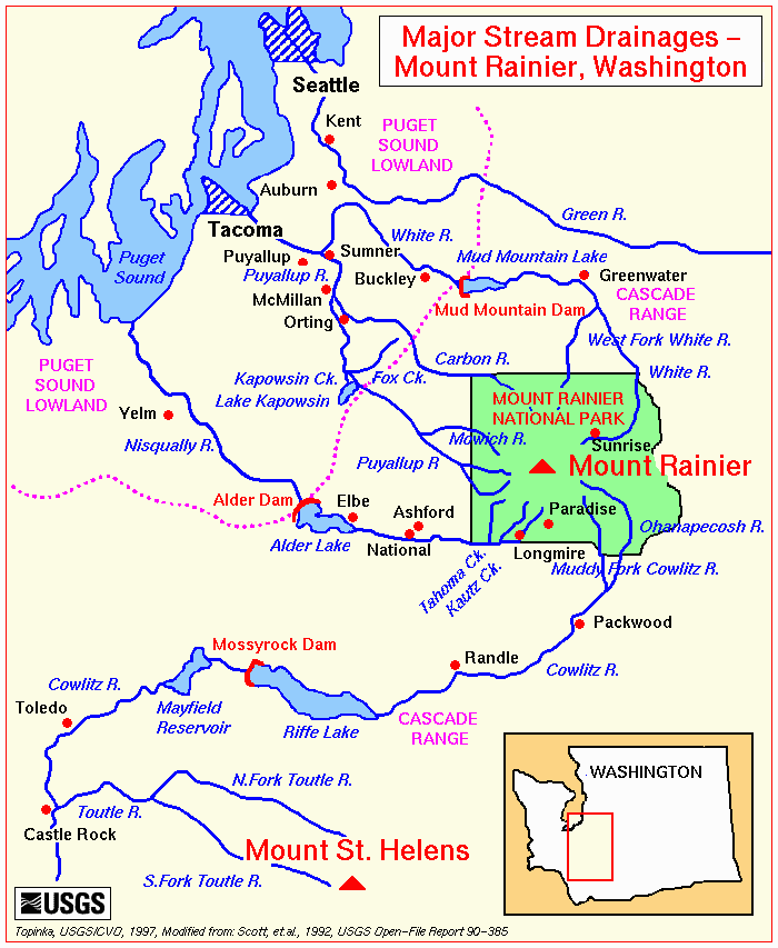 Map, Mount Rainier, Washington, Drainages