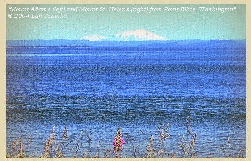 Mount Adams (left) and Mount St. Helens from near mouth of the Columbia, 2004