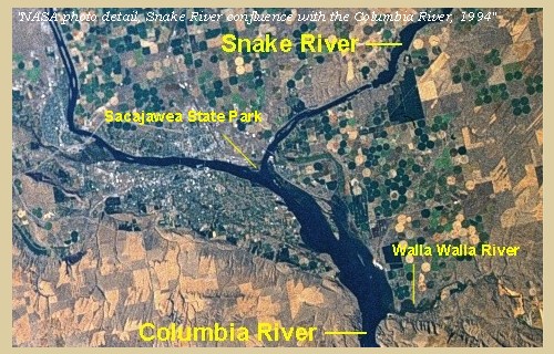 NASA photo, Snake River confluence with the Columbia River, 1994