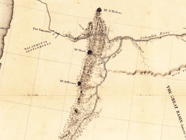 Map, section of J.C. Fremont's Map showing the Cascade Range Volcanoes, 1843-1844