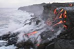 Lava pours over Wilipea sea cliff into the sea, Mother's Day flow, Kilauea volcano, Hawai`i