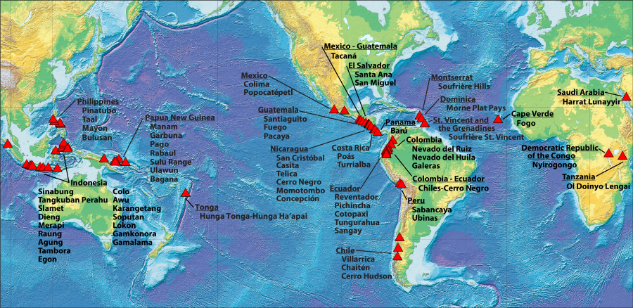 World map with locations of volcanoes (red triangles) at which the Volcano Disaster Assistance Program (VDAP) has responded since 1986.  (Click image to view full size.)