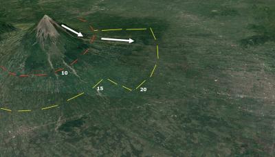 A 2010 decision to extend evacuation zone from 15 to 20 km (yellow dashed line, 9 to 12 mi) at Merapi Volcano saved between 10,000 and 20,0000 lives from pyroclastic flows and floods (below arrows). Base map data from Google, DigitalGlobe, 2017 (Click image to view full size.)