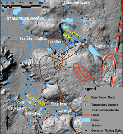 Map of locations for temperature measurement sites in Norris Geyser Basin, Yellowstone National Park (Click image to view full size.) Map of locations for temperature measurement sites in Norris Geyser Basin, Yellowstone National Park (Click image to view full size.)