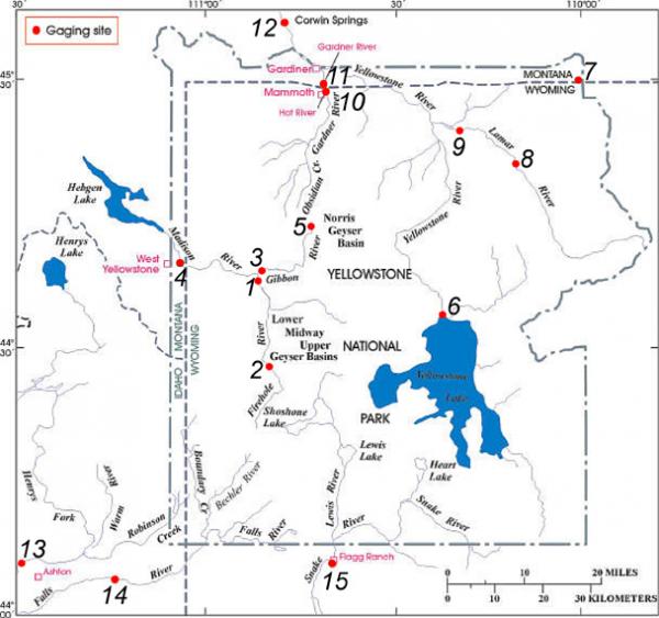 Karte von Messstellen, wo Strom-Durchflussmessungen sind um Yellowstone Nationalpark gemacht.  (Klicken Sie auf Bild, um es in voller Größe zu sehen.)