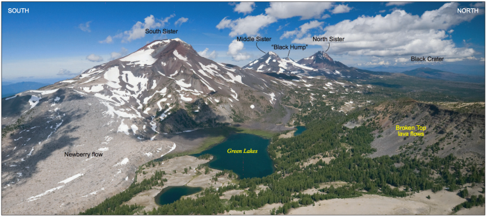 Three Sisters annotated photograph viewed from south to North from Broken Top, Oregon. (Click image to view full size.) Three Sisters annotated photograph viewed from south to North from Broken Top, Oregon. (Click image to view full size.)