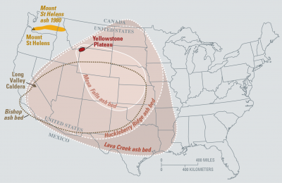 Map of the known ash-fall boundaries for major eruptions from Long Valley Caldera, Mount St. Helens and Yellowstone. (Click image to view full size.)