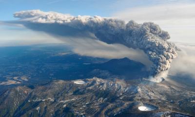 volcanic ash and dust are pushed into atmosphere