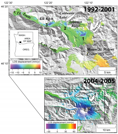 Insar interferogram depicting Mt. St. Helens deformation (surface elevation change) before (1992-2001) and during (2004-5) eruption; Latter signal indicates deflation as magma erupted. Click For More
 (Click image to view full size.)