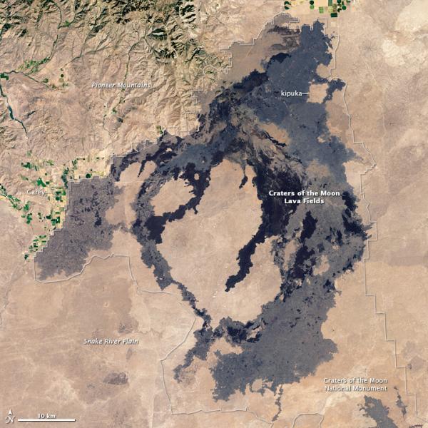 Landsat image of young lava flow at Craters of the Moon National Monument (Click image to view full size.) Landsat image of young lava flow at Craters of the Moon National Monument (Click image to view full size.)