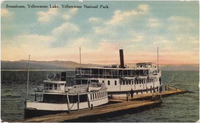 Two steamboats on Yellowstone Lake, the <i>Zillah</i> in the foreground and the <i>E.C. Waters</i>. (Click image to view full size.) Two steamboats on Yellowstone Lake, the <i>Zillah</i> in the foreground and the <i>E.C. Waters</i>. (Click image to view full size.)