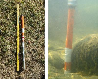 Left: steel pipe with small temperature sensors placed every few inches. Right: temperature pipe installed in the streambed. (Click image to view full size.) Left: steel pipe with small temperature sensors placed every few inches. Right: temperature pipe installed in the streambed. (Click image to view full size.)