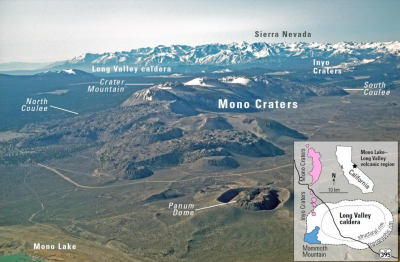 An aerial view looking south of the Long Valley volcanic region in the area of Mono Lake, showing a line of rhyolite lava domes and explosion craters. An inset map shows the locations of silcic magmatic centers in the Long Valley area.
 (Click image to view full size.)