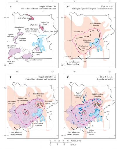 Maps displaying the stages of evolution of the more recent cycle of volcanism associated with Yellowstone Caldera (Click image to view full size.) Maps displaying the stages of evolution of the more recent cycle of volcanism associated with Yellowstone Caldera (Click image to view full size.)