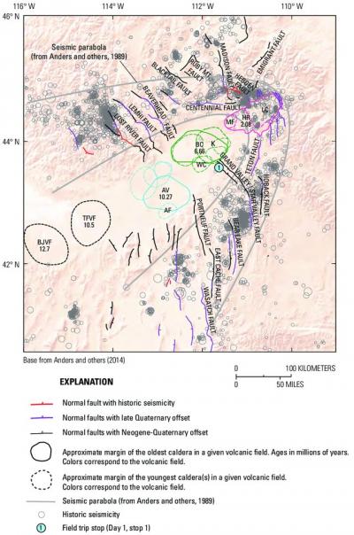 Map of eastern Idaho, northern Utah, and western Wyoming showing faults, earthquakes, and seismic parabola around the Yellowstone hotspot track (Click image to view full size.) Map of eastern Idaho, northern Utah, and western Wyoming showing faults, earthquakes, and seismic parabola around the Yellowstone hotspot track (Click image to view full size.)