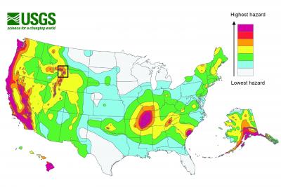 Earthquake hazard map showing peak ground accelerations having a 2 percent probability of being exceeded in 50 years, for a firm rock site. (Click image to view full size.) Earthquake hazard map showing peak ground accelerations having a 2 percent probability of being exceeded in 50 years, for a firm rock site. (Click image to view full size.)