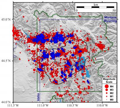 Yellowstone earthquakes that occurred during 2010-2019. Blue symbols indicate events that occurred as part of swarms, while red indicates non-swarm seismicity. (Click image to view full size.) Yellowstone earthquakes that occurred during 2010-2019. Blue symbols indicate events that occurred as part of swarms, while red indicates non-swarm seismicity. (Click image to view full size.)